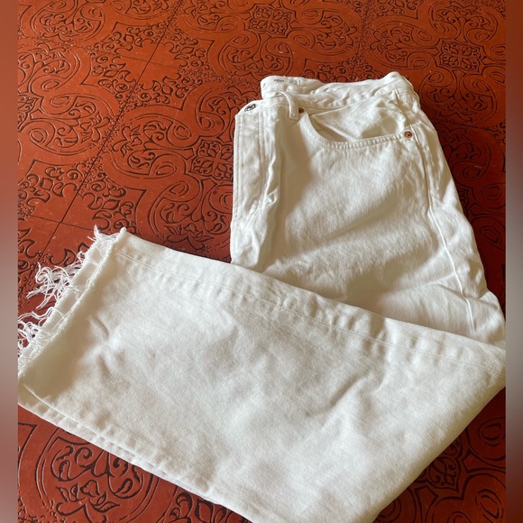 Mango MNG Wide Leg Havana Raw Hem High Rise White Denim Jeans - US14 EUR46 - Picture 1 of 16